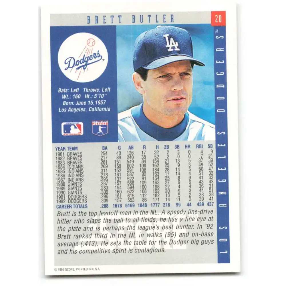 1993 Score #20 Brett Butler NM-MT Los Angeles Dodgers Baseball Card - Baseball Card Single