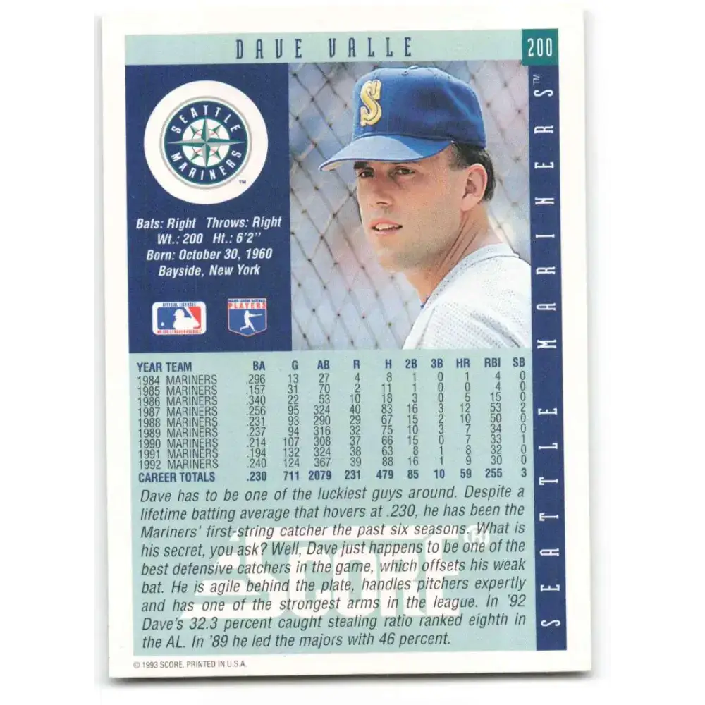 1993 Score #200 Dave Valle NM-MT Seattle Mariners Baseball Card - Baseball Card Single