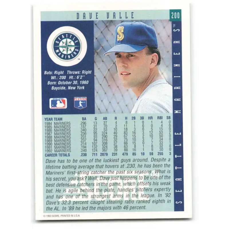 1993 Score #200 Dave Valle NM-MT Seattle Mariners Baseball Card - Baseball Card Single