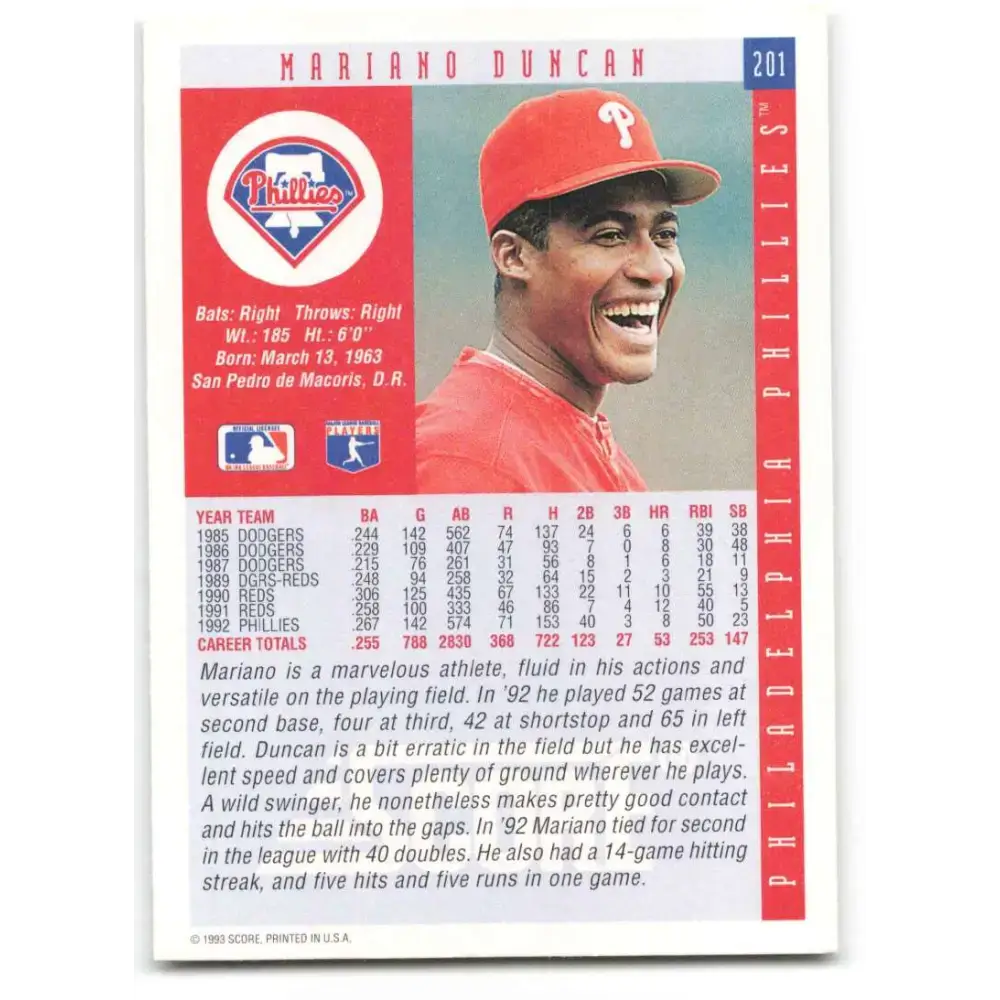 1993 Score #201 Mariano Duncan NM-MT Philadelphia Phillies Baseball Card - Baseball Card Single