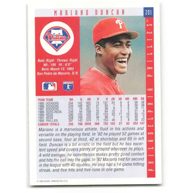 1993 Score #201 Mariano Duncan NM-MT Philadelphia Phillies Baseball Card - Baseball Card Single
