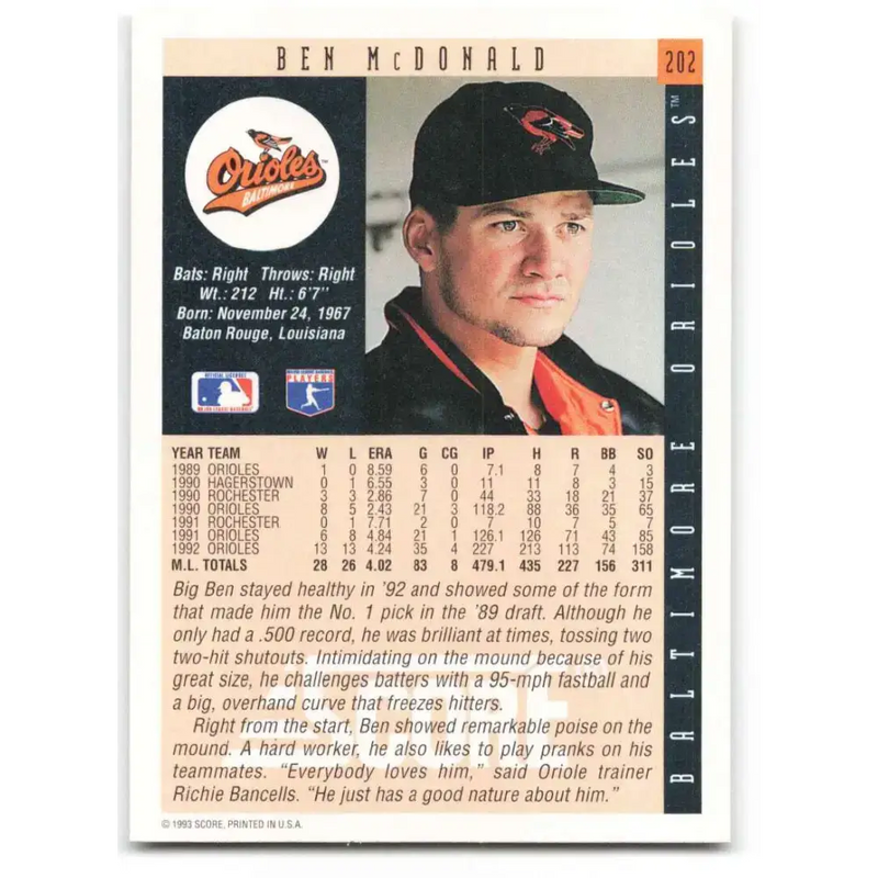 1993 Score #202 Ben McDonald NM-MT Baltimore Orioles Baseball Card - Baseball Card Single