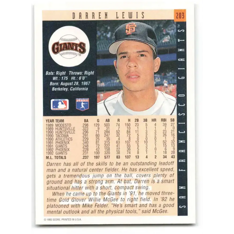 1993 Score #203 Darren Lewis NM-MT San Francisco Giants Baseball Card - Baseball Card Single