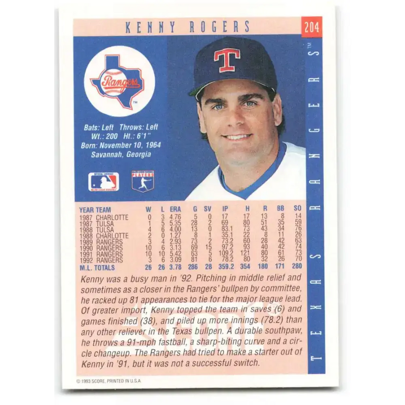 1993 Score #204 Kenny Rogers NM-MT Texas Rangers Baseball Card - Baseball Card Single