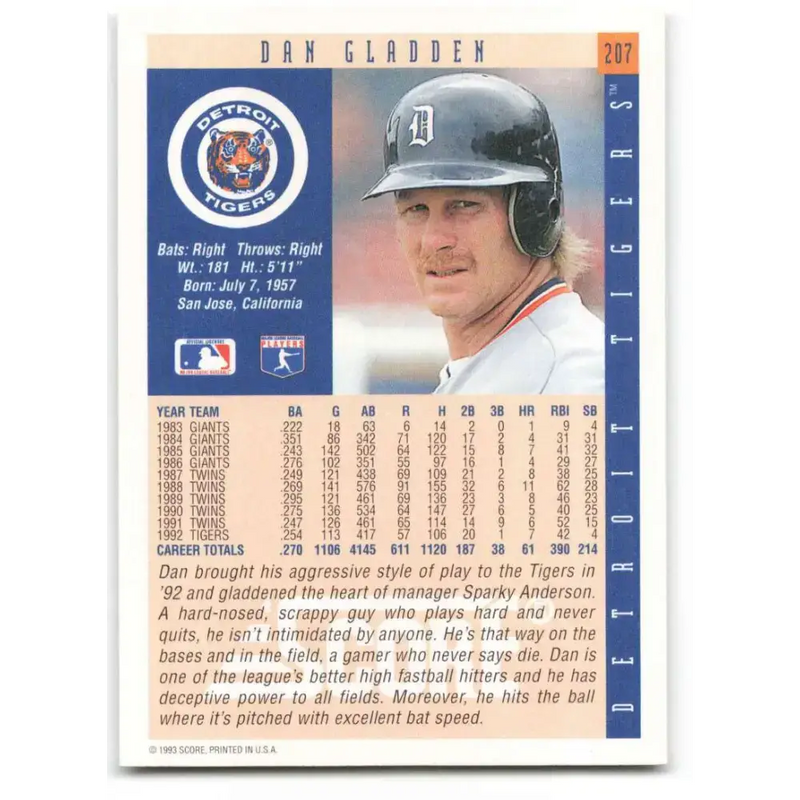 1993 Score #207 Dan Gladden NM-MT Detroit Tigers Baseball Card - Baseball Card Single