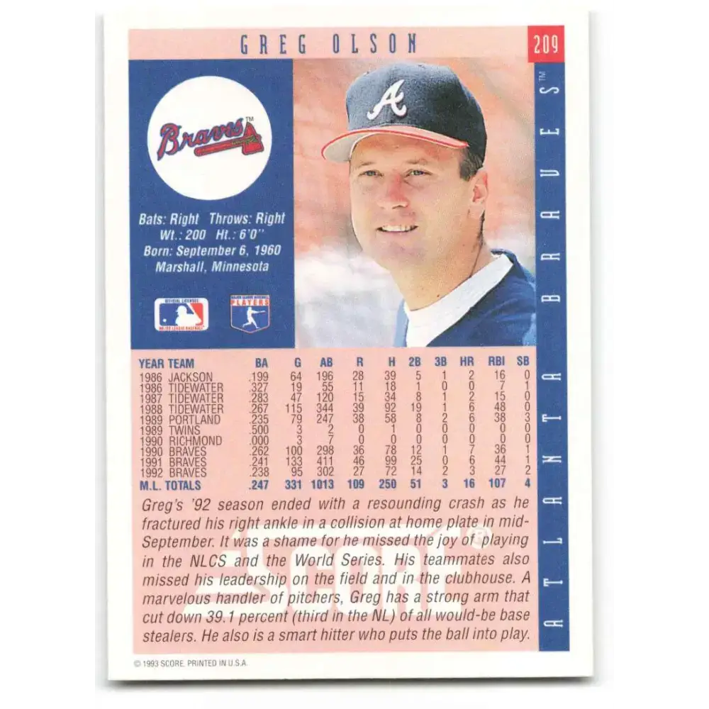 1993 Score #209 Greg Olson NM-MT Atlanta Braves Baseball Card - Baseball Card Single