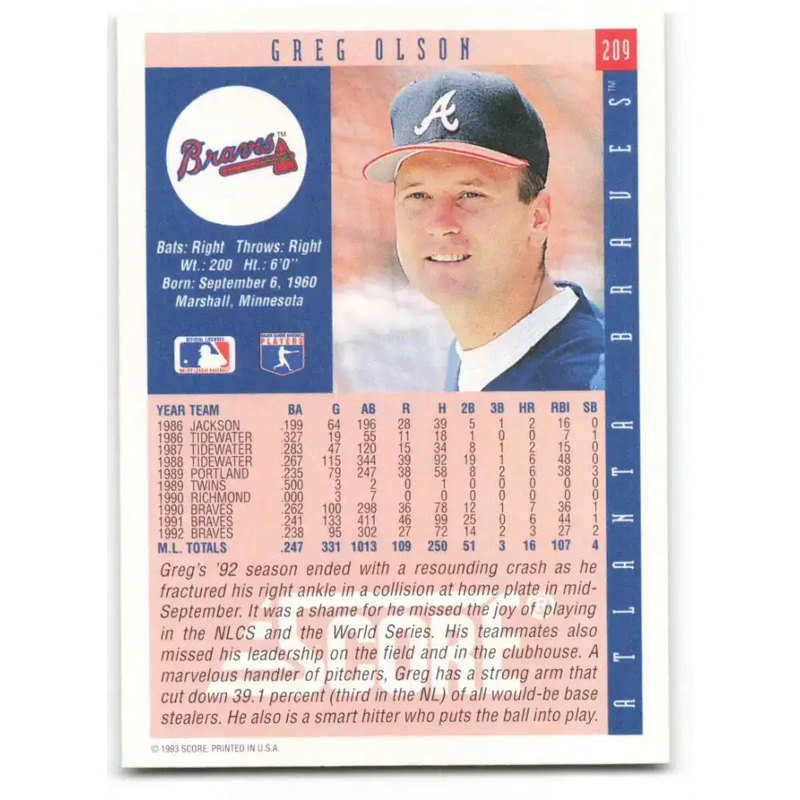 1993 Score #209 Greg Olson NM-MT Atlanta Braves Baseball Card - Baseball Card Single