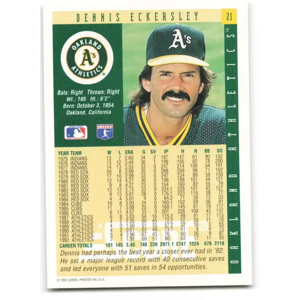 1993 Score #21 Dennis Eckersley NM-MT Oakland Athletics Baseball Card - Baseball Card Single