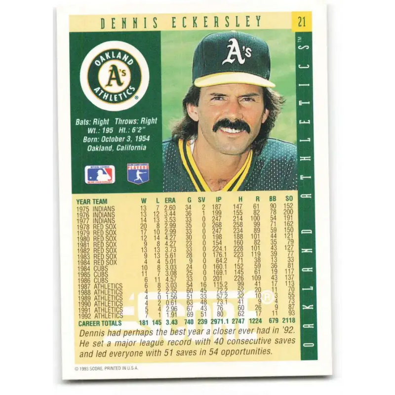 1993 Score #21 Dennis Eckersley NM-MT Oakland Athletics Baseball Card - Baseball Card Single