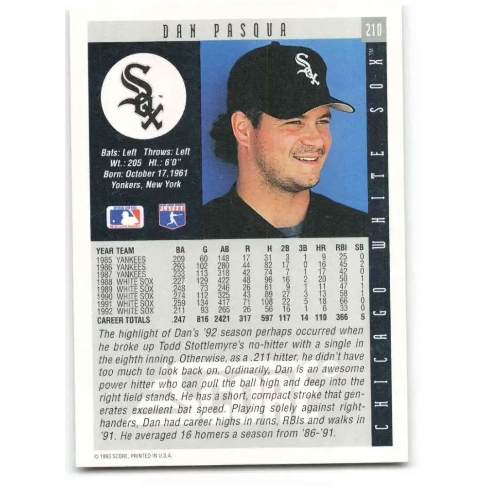 1993 Score #210 Dan Pasqua NM-MT Chicago White Sox Baseball Card - Baseball Card Single