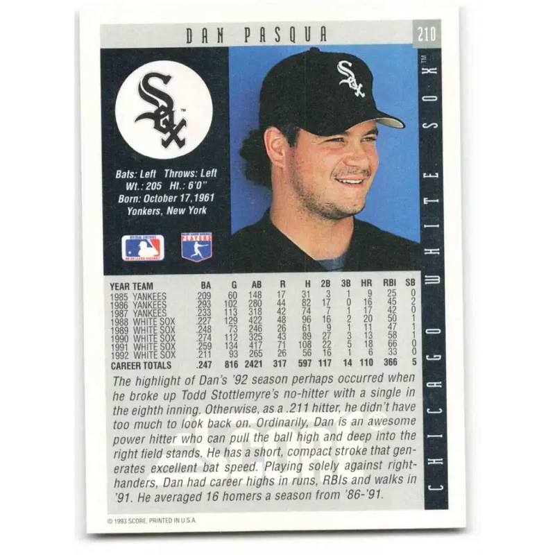 1993 Score #210 Dan Pasqua NM-MT Chicago White Sox Baseball Card - Baseball Card Single