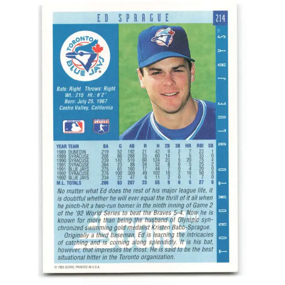 1993 Score #214 Ed Sprague NM-MT Toronto Blue Jays Baseball Card - Baseball Card Single