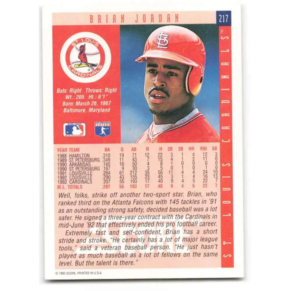 1993 Score #217 Brian Jordan NM-MT St. Louis Cardinals Baseball Card - Baseball Card Single