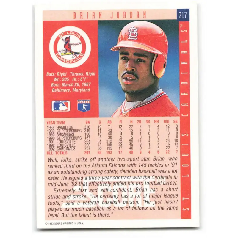 1993 Score #217 Brian Jordan NM-MT St. Louis Cardinals Baseball Card - Baseball Card Single