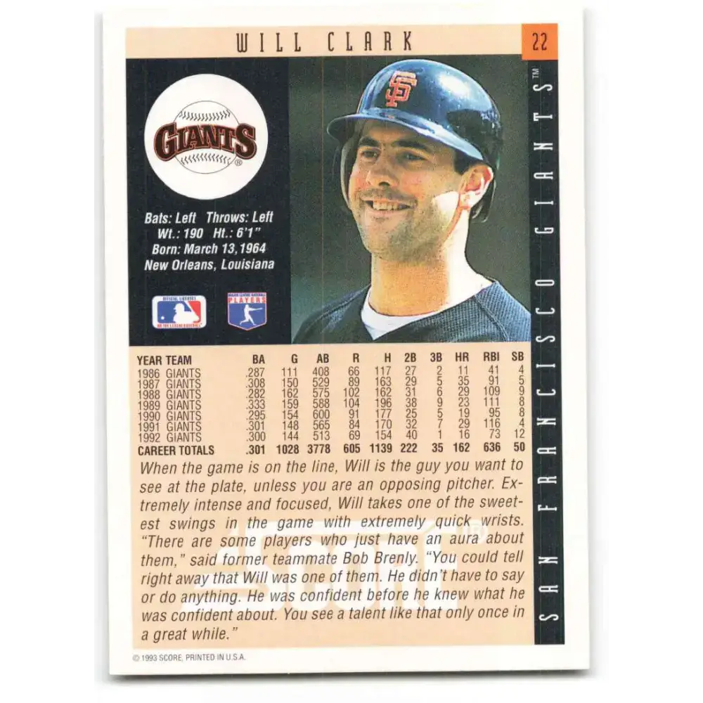 1993 Score #22 Will Clark NM-MT San Francisco Giants Baseball Card - Baseball Card Single