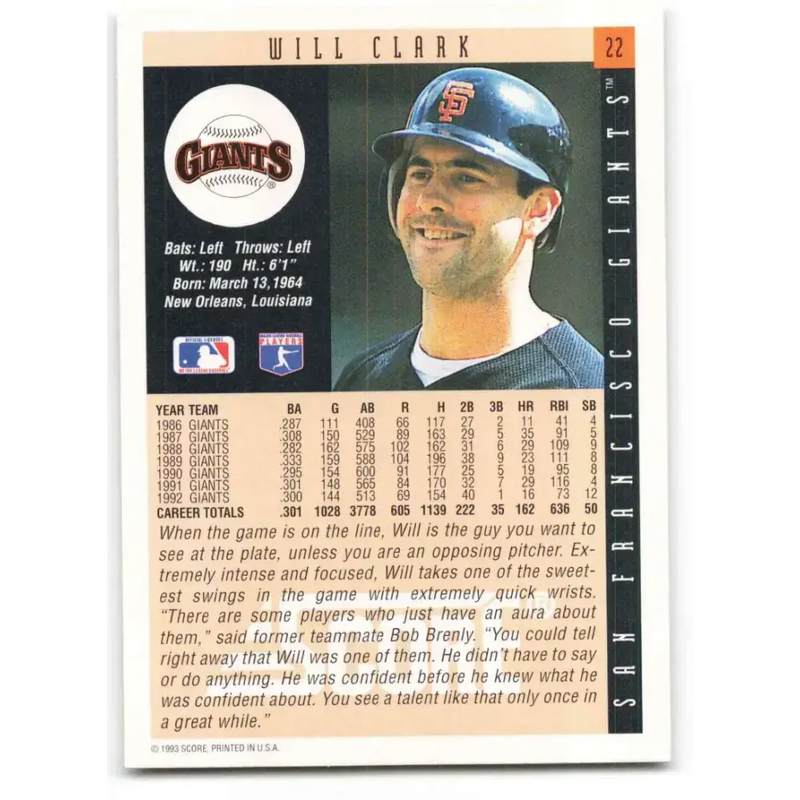 1993 Score #22 Will Clark NM-MT San Francisco Giants Baseball Card - Baseball Card Single