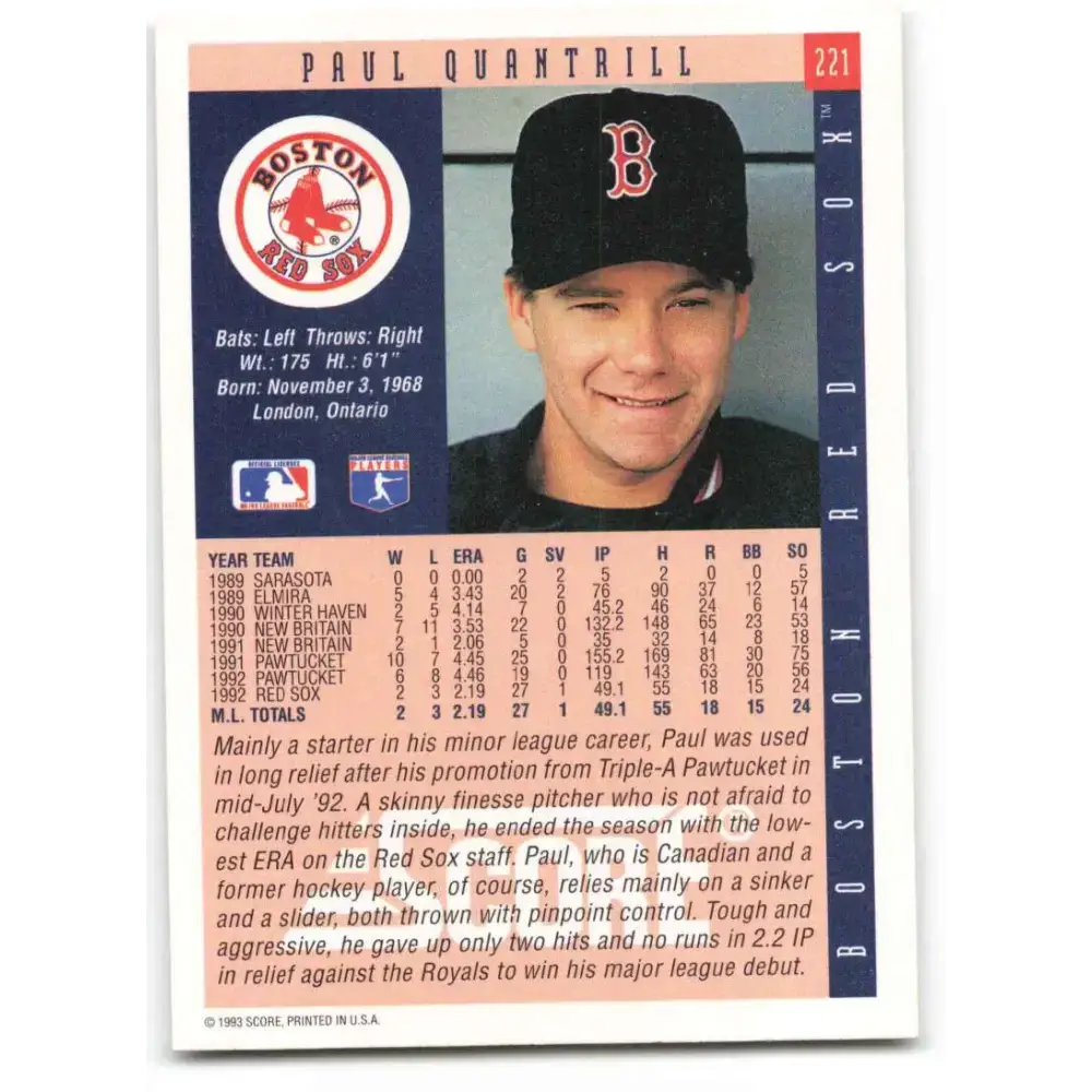 1993 Score #221 Paul Quantrill NM-MT Boston Red Sox Baseball Card - Baseball Card Single