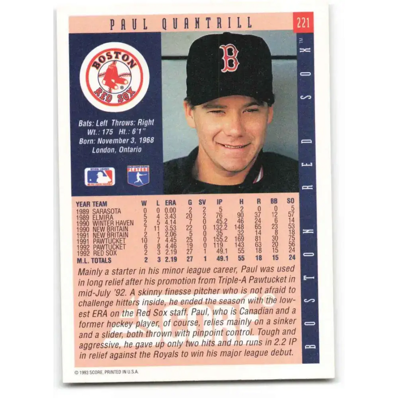 1993 Score #221 Paul Quantrill NM-MT Boston Red Sox Baseball Card - Baseball Card Single