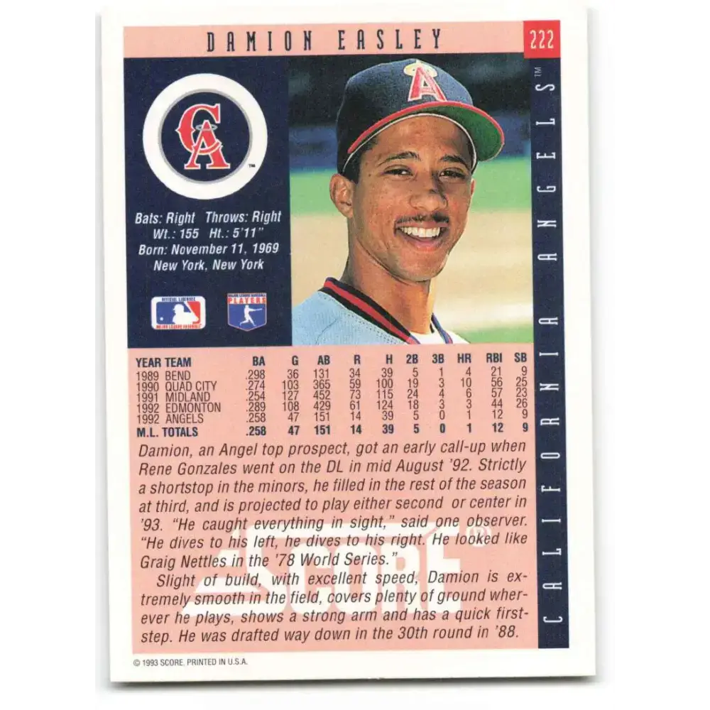 1993 Score #222 Damion Easley NM-MT California Angels Baseball Card - Baseball Card Single