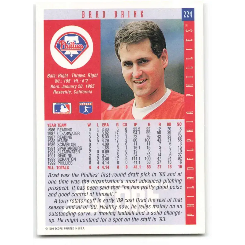 1993 Score #224 Brad Brink NM-MT Philadelphia Phillies Baseball Card - Baseball Card Single