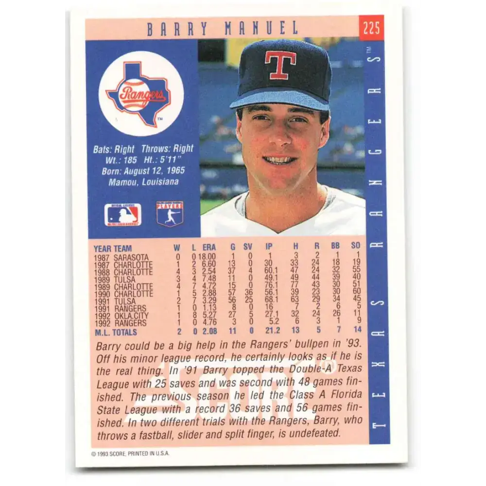 1993 Score #225 Barry Manuel NM-MT Texas Rangers Baseball Card - Baseball Card Single