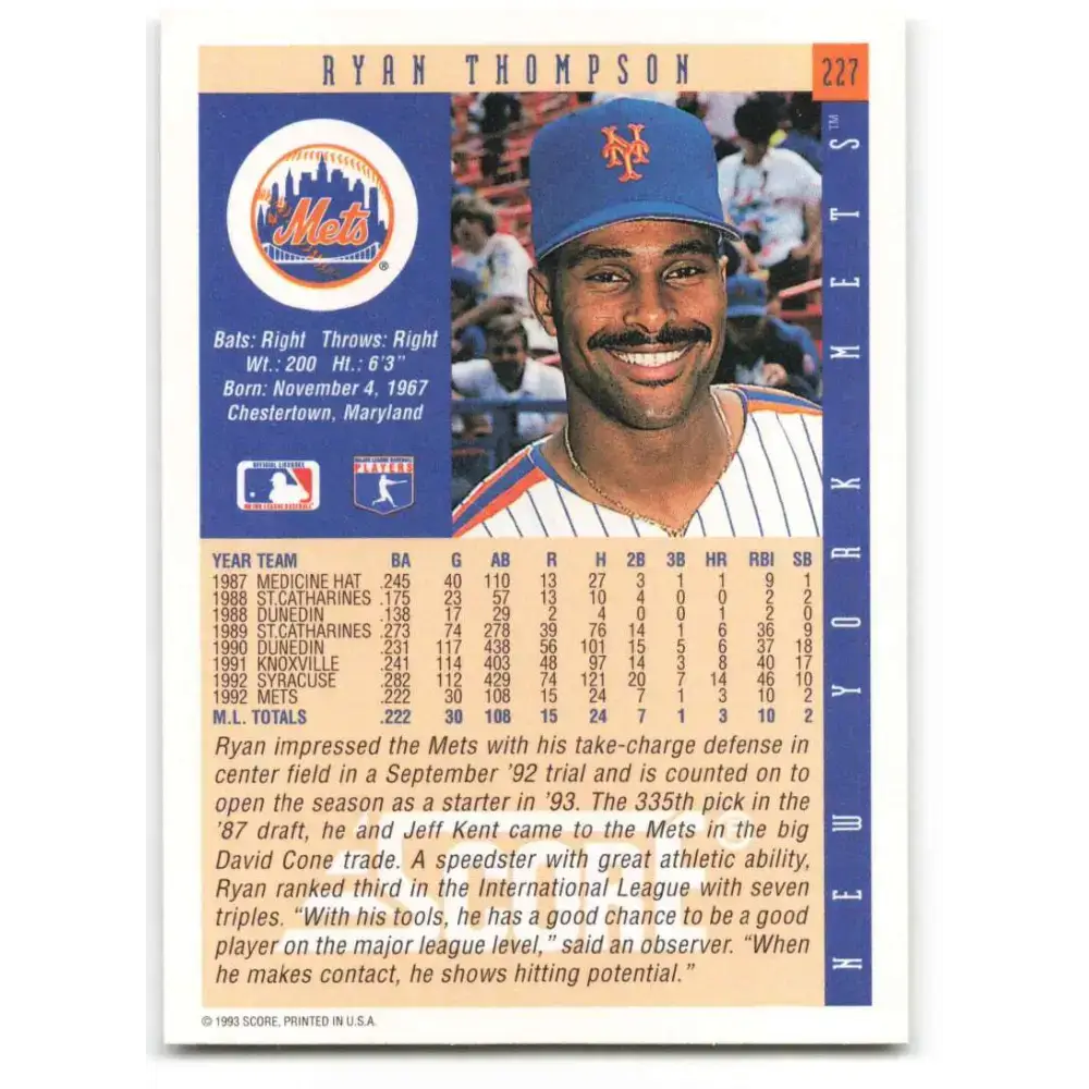 1993 Score #227 Ryan Thompson NM-MT New York Mets Baseball Card - Baseball Card Single