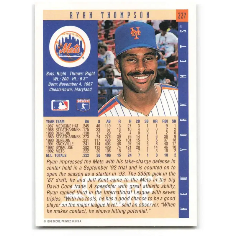 1993 Score #227 Ryan Thompson NM-MT New York Mets Baseball Card - Baseball Card Single