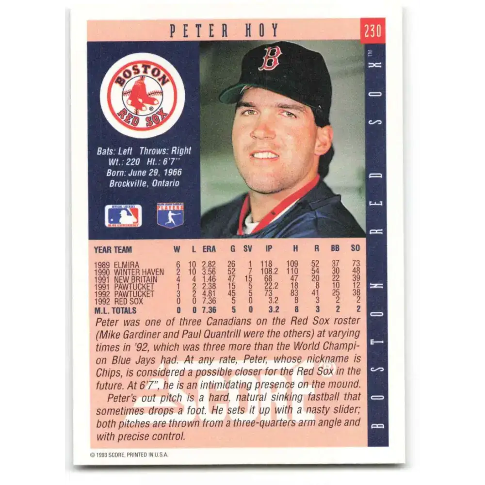 1993 Score #230 Peter Hoy NM-MT Boston Red Sox Baseball Card - Baseball Card Single
