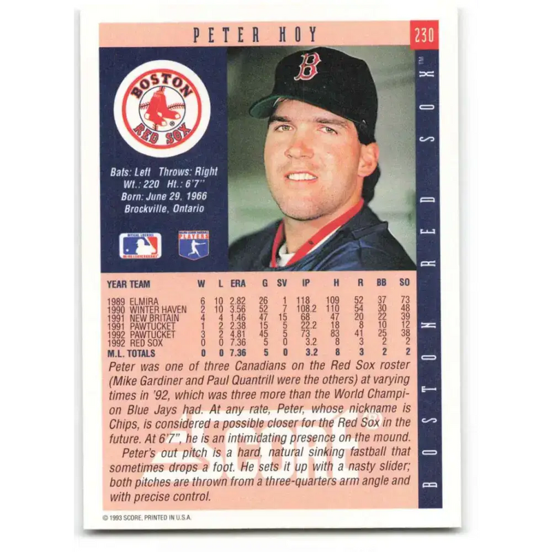 1993 Score #230 Peter Hoy NM-MT Boston Red Sox Baseball Card - Baseball Card Single