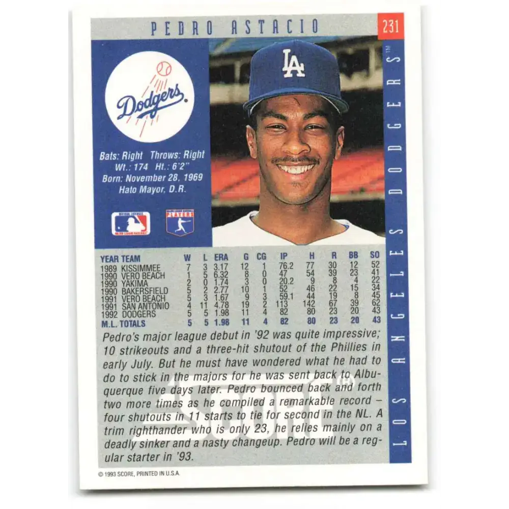 1993 Score #231 Pedro Astacio NM-MT Los Angeles Dodgers Baseball Card - Baseball Card Single