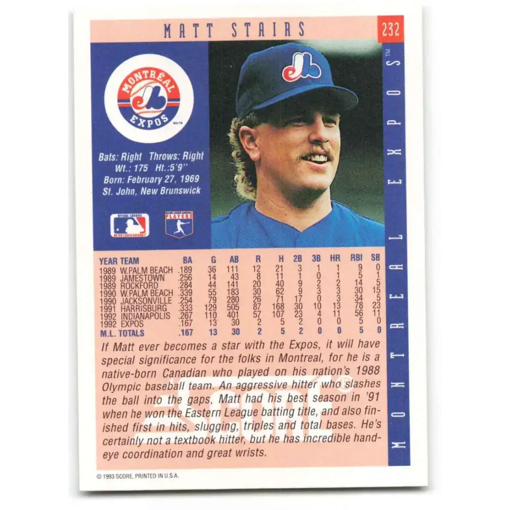 1993 Score #232 Matt Stairs NM-MT Montreal Expos Baseball Card - Baseball Card Single
