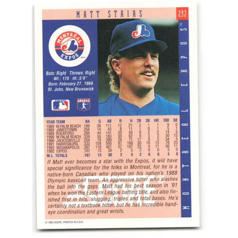 1993 Score #232 Matt Stairs NM-MT Montreal Expos Baseball Card - Baseball Card Single