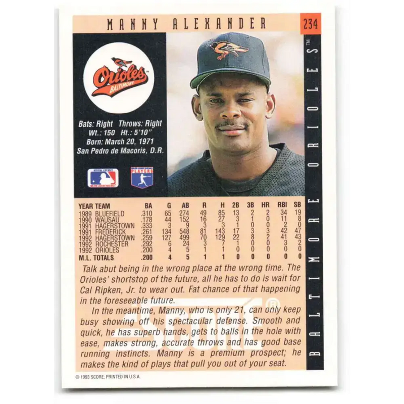 1993 Score #234 Manny Alexander NM-MT Baltimore Orioles Baseball Card - Baseball Card Single