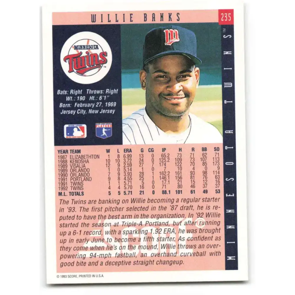 1993 Score #235 Willie Banks NM-MT Minnesota Twins Baseball Card - Baseball Card Single
