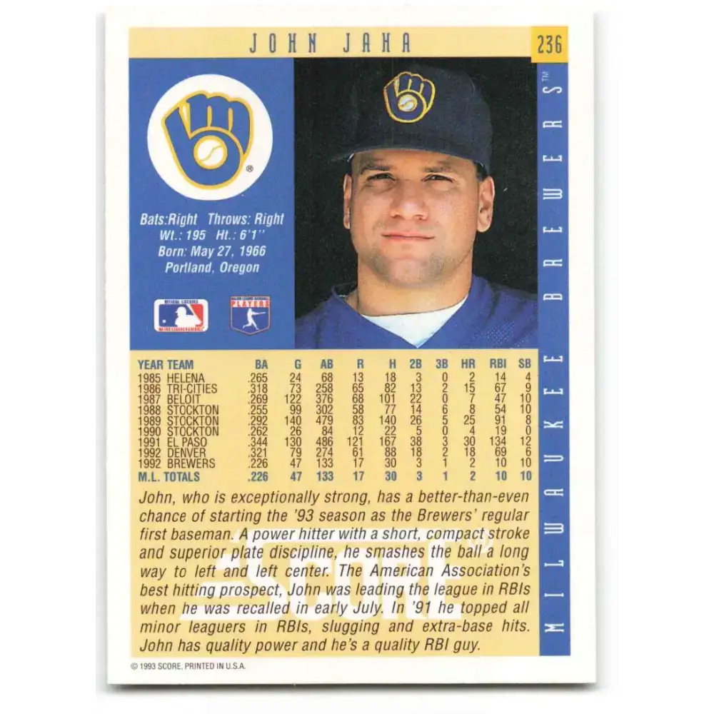 1993 Score #236 John Jaha NM-MT Milwaukee Brewers Baseball Card - Baseball Card Single