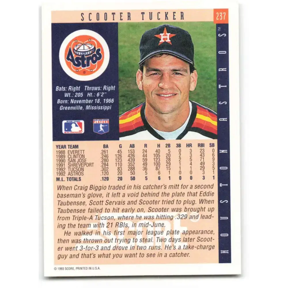 1993 Score #237 Scooter Tucker NM-MT Houston Astros Baseball Card - Baseball Card Single
