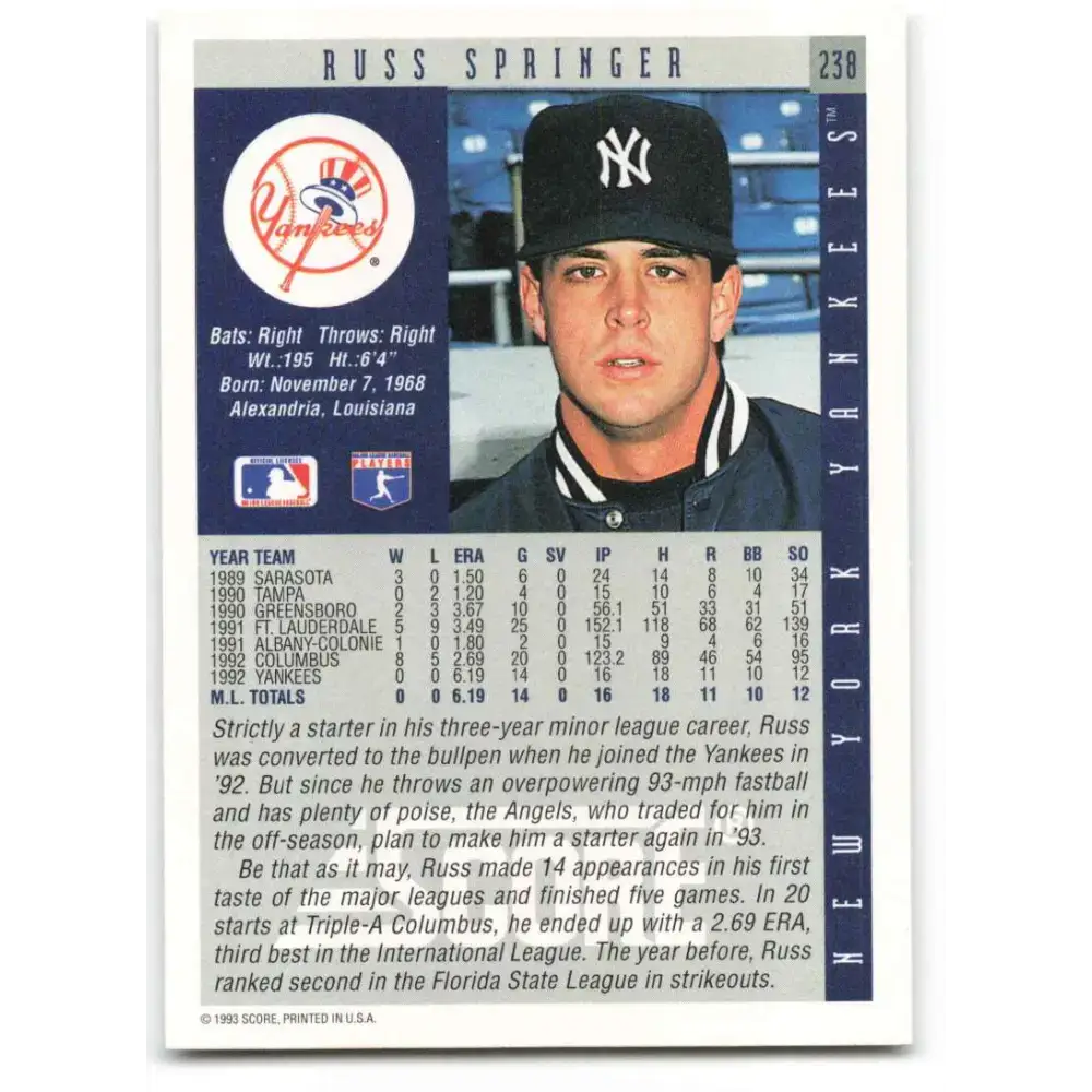 1993 Score #238 Russ Springer NM-MT New York Yankees Baseball Card - Baseball Card Single