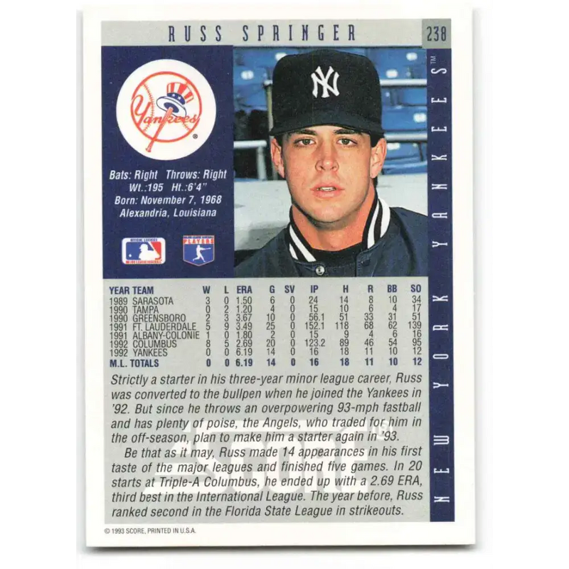 1993 Score #238 Russ Springer NM-MT New York Yankees Baseball Card - Baseball Card Single