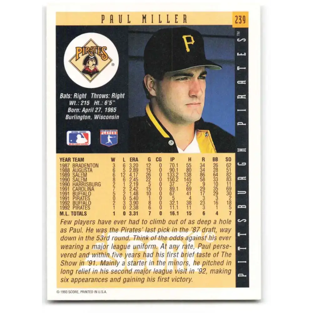 1993 Score #239 Paul Miller NM-MT Pittsburgh Pirates Baseball Card - Baseball Card Single