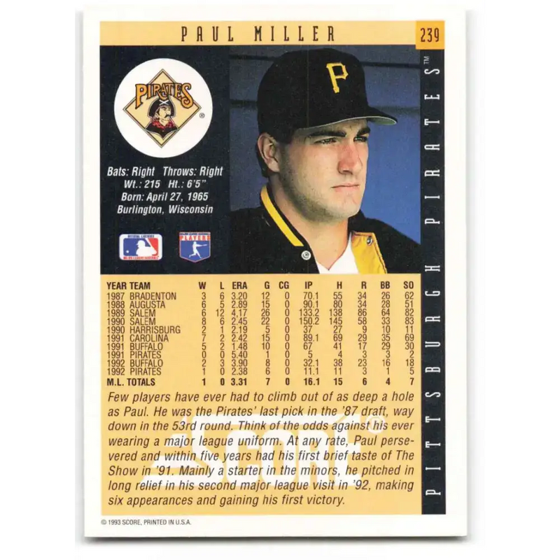 1993 Score #239 Paul Miller NM-MT Pittsburgh Pirates Baseball Card - Baseball Card Single