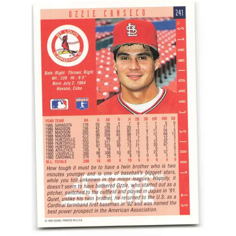 1993 Score #241 Ozzie Canseco NM-MT St. Louis Cardinals Baseball Card - Baseball Card Single