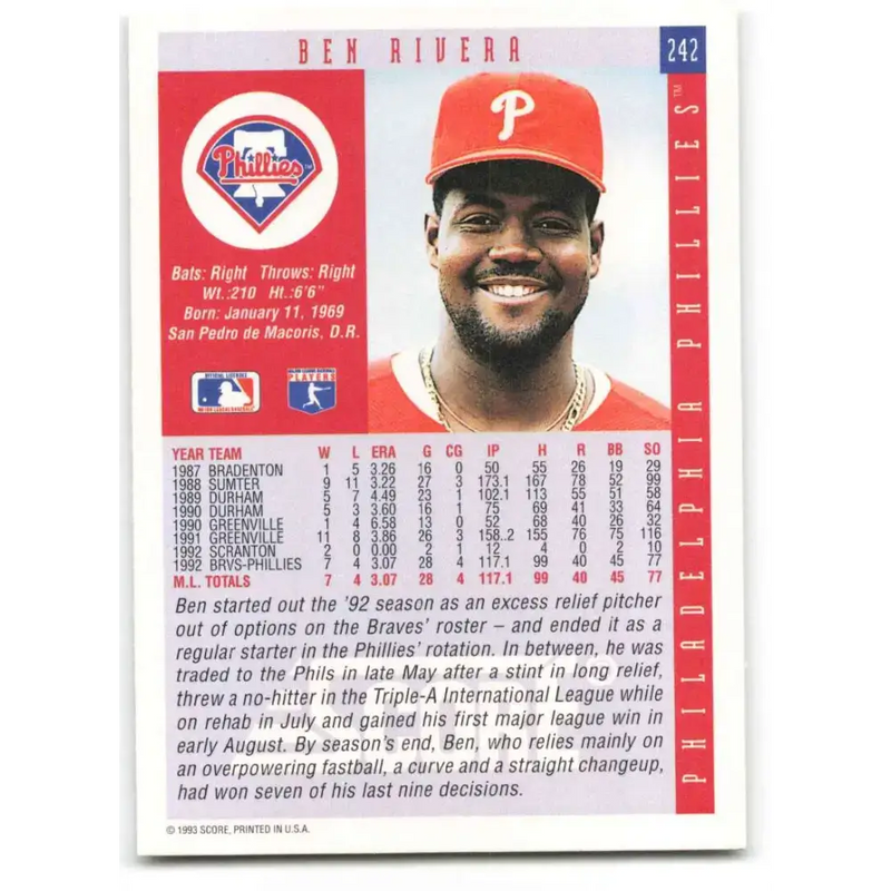 1993 Score #242 Ben Rivera NM-MT Philadelphia Phillies Baseball Card - Baseball Card Single