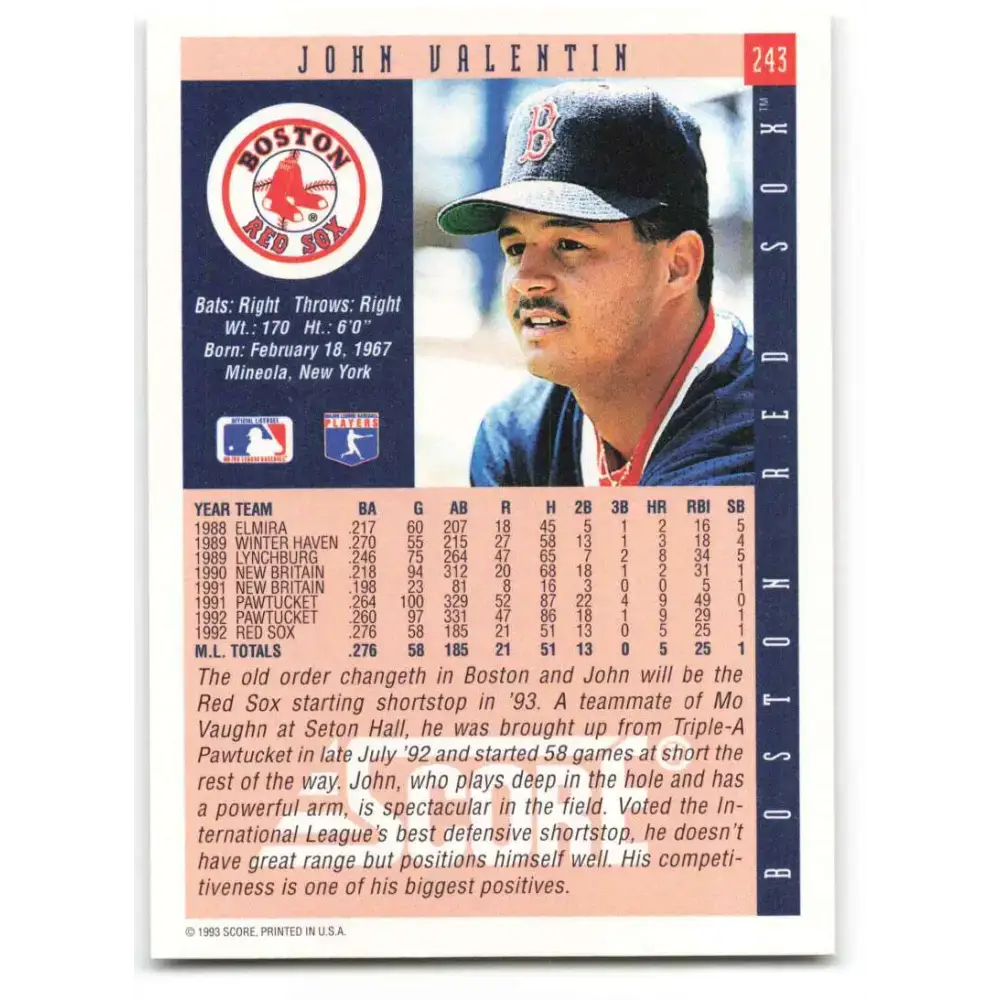 1993 Score #243 John Valentin NM-MT Boston Red Sox Baseball Card - Baseball Card Single