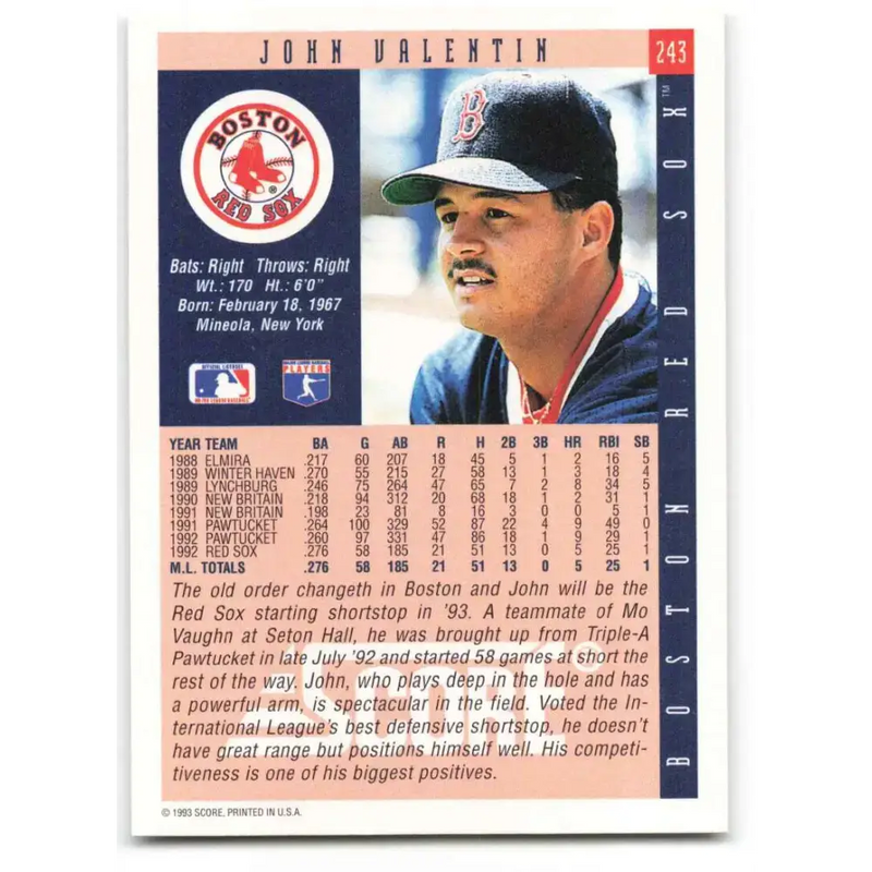 1993 Score #243 John Valentin NM-MT Boston Red Sox Baseball Card - Baseball Card Single