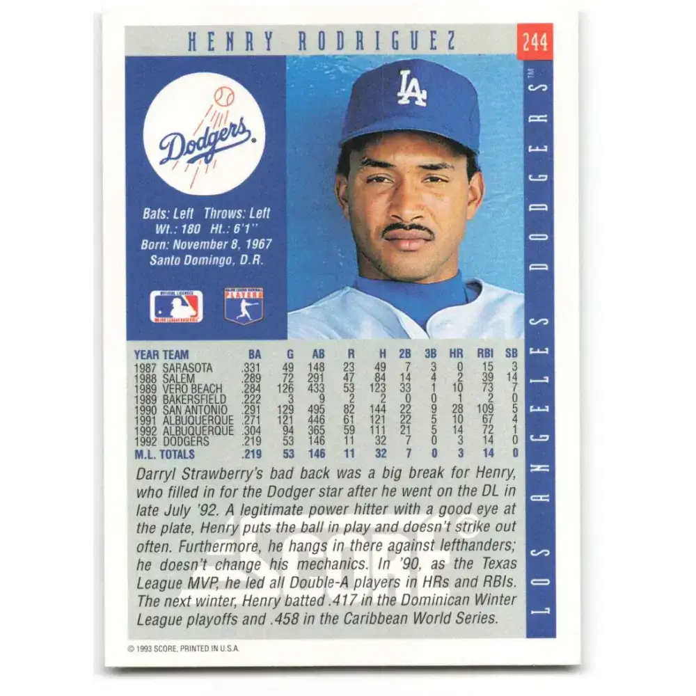 1993 Score #244 Henry Rodriguez NM-MT Los Angeles Dodgers Baseball Card - Baseball Card Single