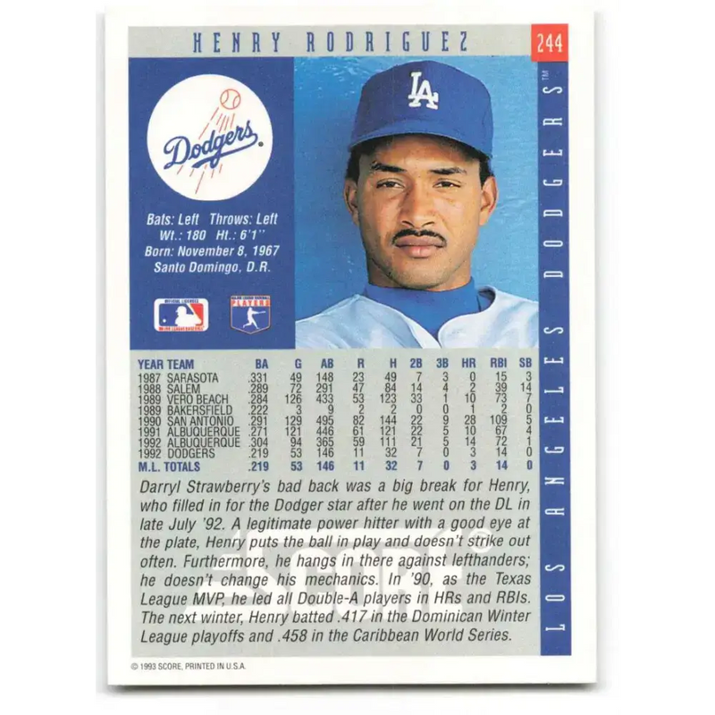 1993 Score #244 Henry Rodriguez NM-MT Los Angeles Dodgers Baseball Card - Baseball Card Single