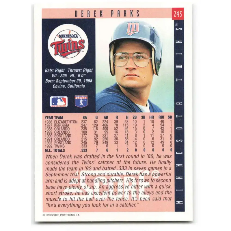 1993 Score #245 Derek Parks NM-MT Minnesota Twins Baseball Card - Baseball Card Single