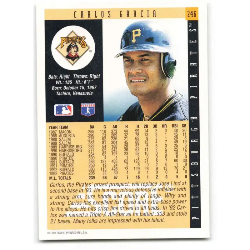 1993 Score #246 Carlos Garcia NM-MT Pittsburgh Pirates Baseball Card - Baseball Card Single