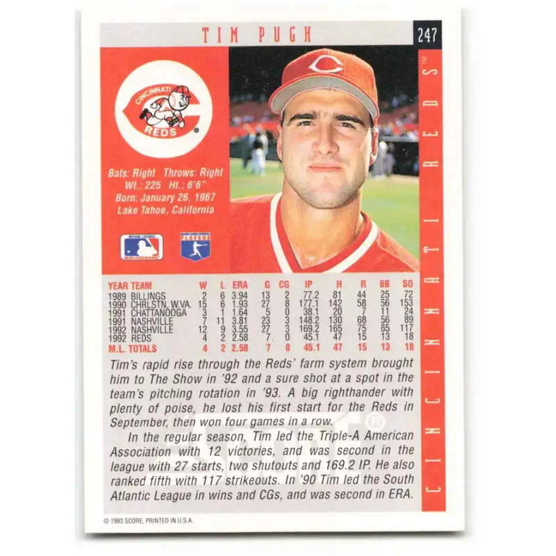 1993 Score #247 Tim Pugh NM-MT RC Rookie Cincinnati Reds Baseball Card - Baseball Card Single