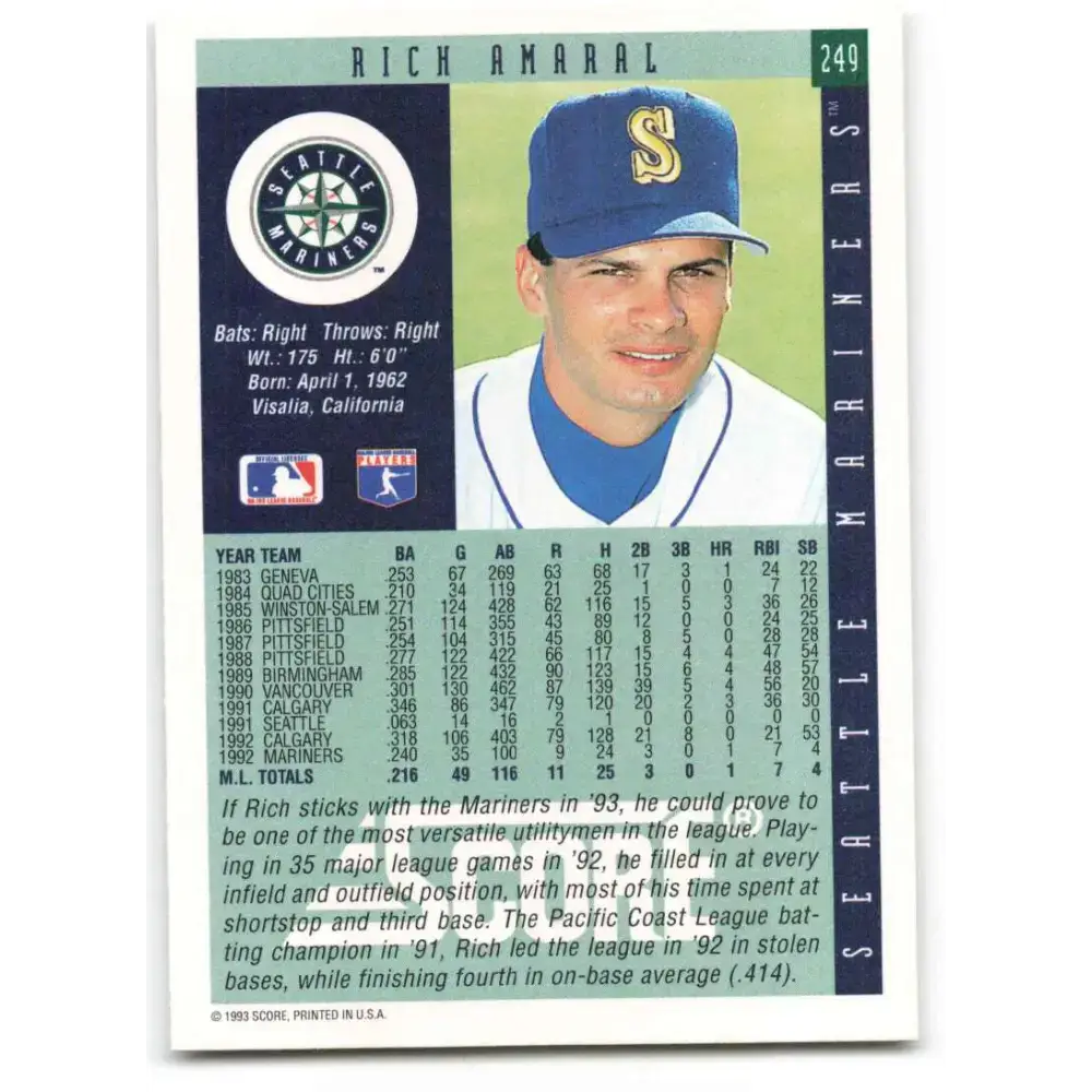 1993 Score #249 Rich Amaral NM-MT Seattle Mariners Baseball Card - Baseball Card Single